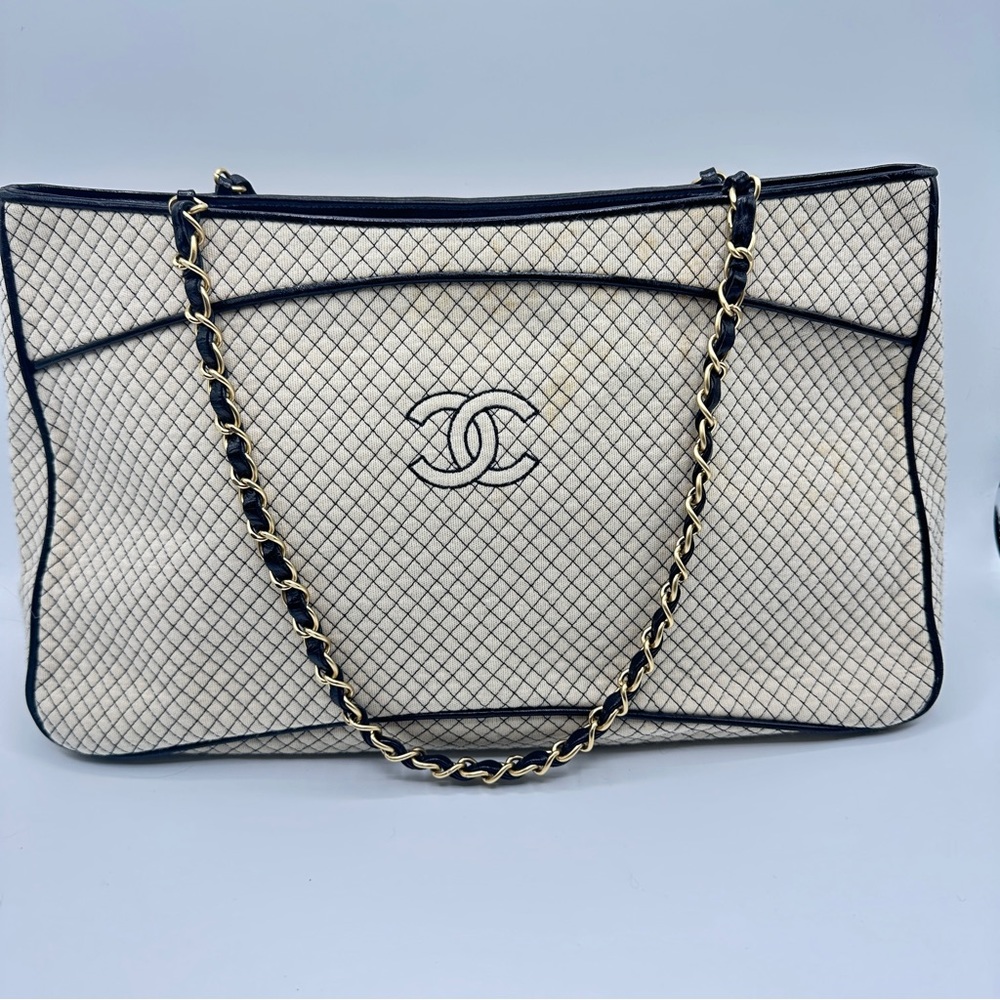 2002 CHANEL 72 Series Large Cream Black Quilted Fabric Classic Tote Shoulder Bag